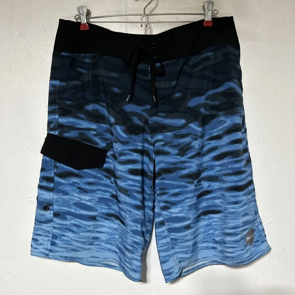 Matix Mens Board Shorts Sz. 32 Blue Black Water Waves Tie Front